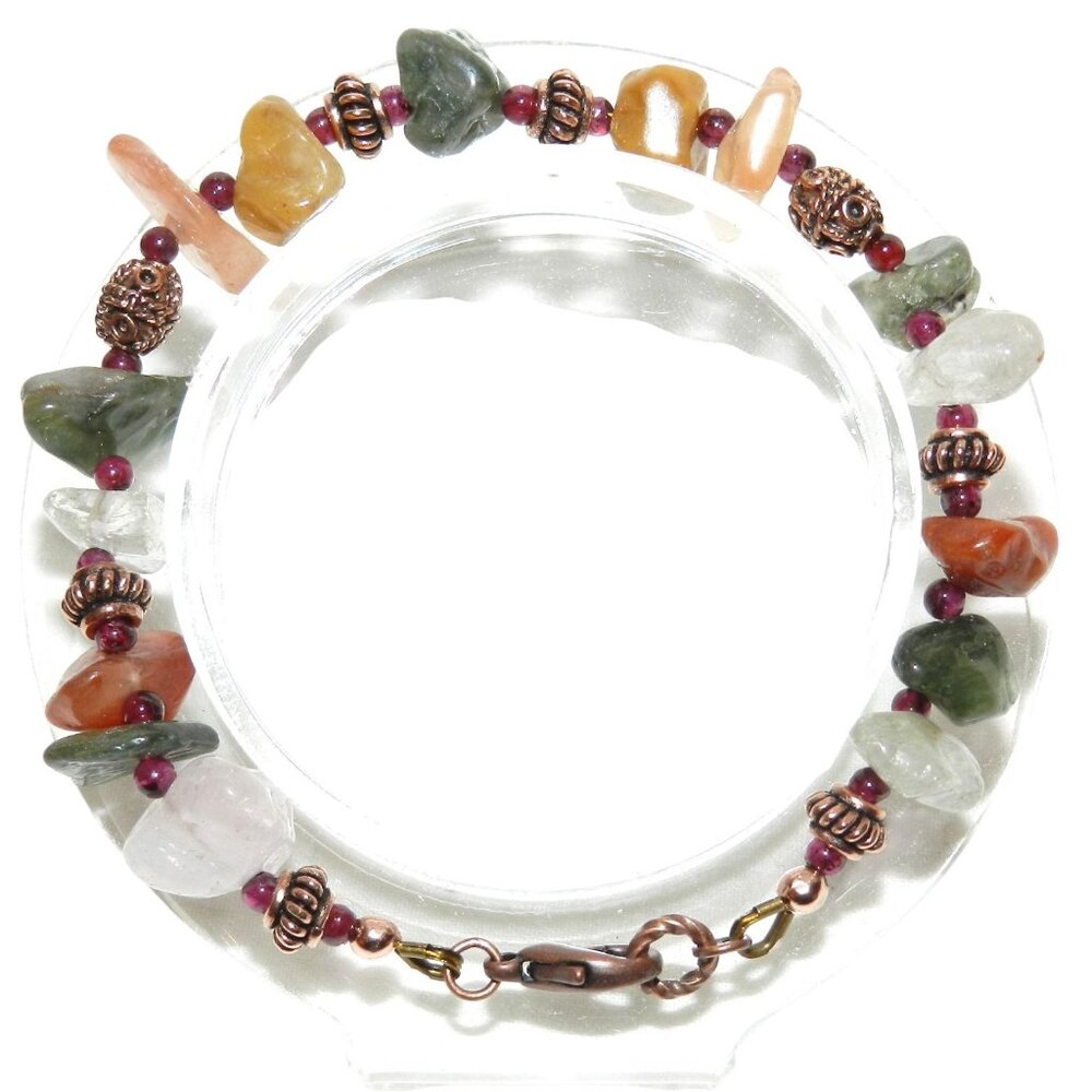 Handmade New Lodolite Quartz, Garnet Gemstone Copper 7" Clasp Bracelet CF110